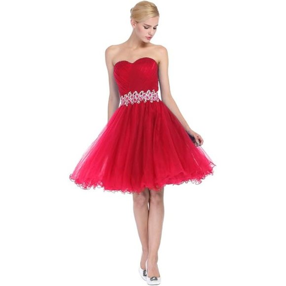 Red A-Line Strapless Sweetheart Corset Back Dress with Beading - Picture 7 of 8
